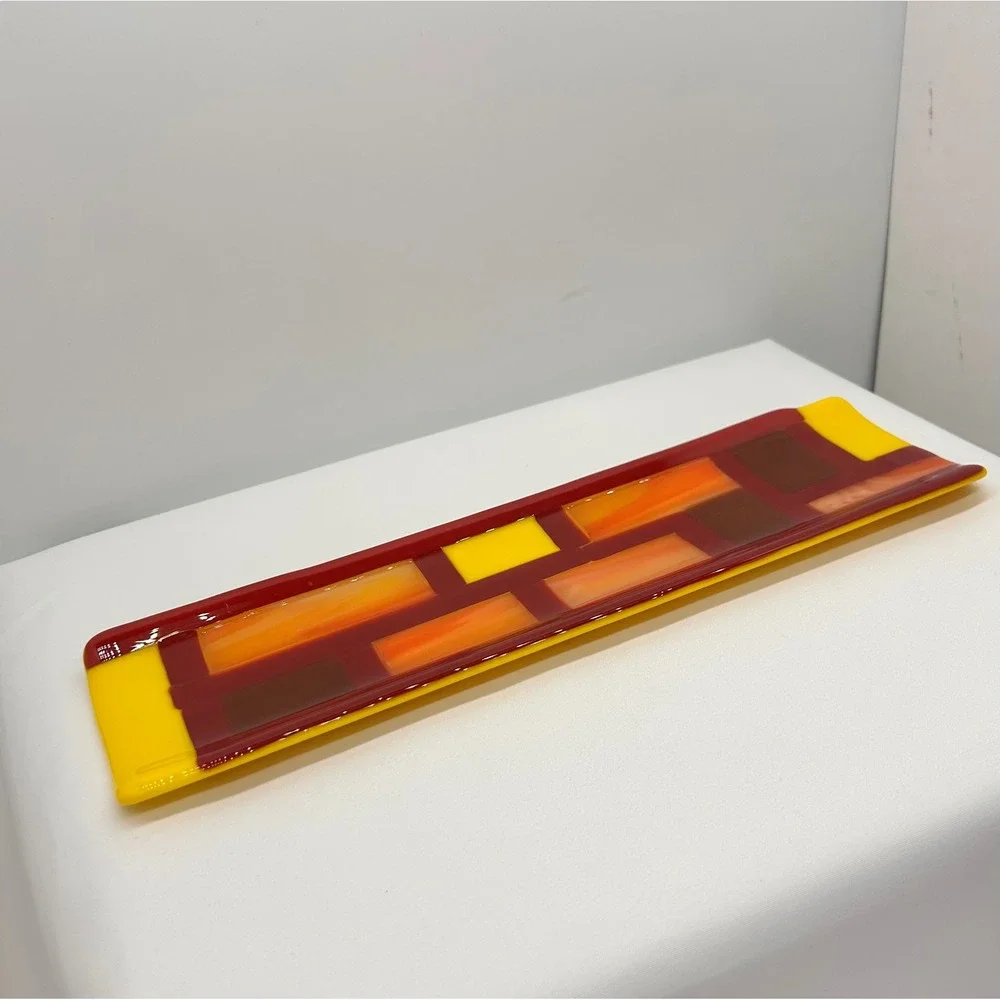 Handmade Fused Glass Geometric Rectangular Tray Yellow Orange Red 12 Inch